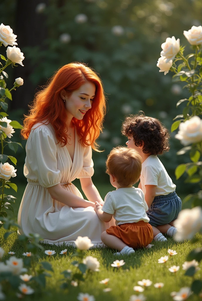 A red-haired woman watching two ****** children playing and she sitting in a garden surrounded by white roses and a black-haired man playing with her and the children
