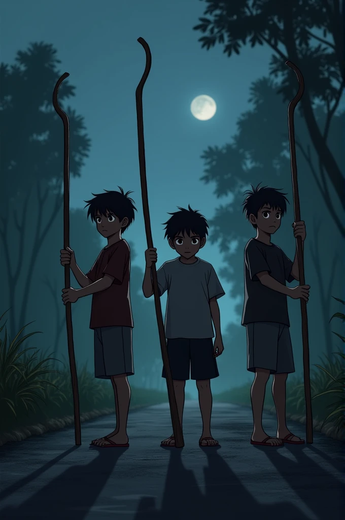 The boys guard the road at night with da, bati, hooksticks so that robbers do not attack