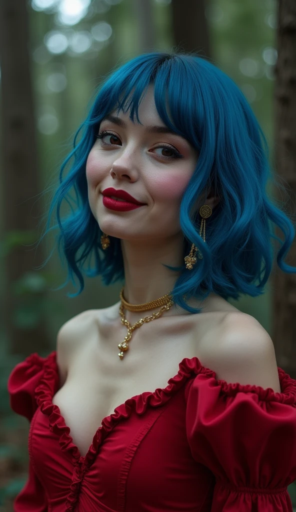 Extremely specific 4K photography of a woman with Chanel blue hair, black eyes, seductive gaze and soft smile, red lipstick on her lips, golden accessories, wearing a long red dress at horror park, halloween
