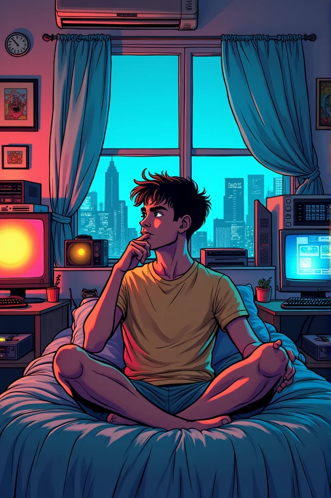 Comic book style Vignette 1:
scene: Pike en su habitación con varios dispositivos encendidos (television, computer, video game console), all the lights on, and the window open with the air conditioning running.
Pike (Thinking): "I love having everything on, It's more fun."