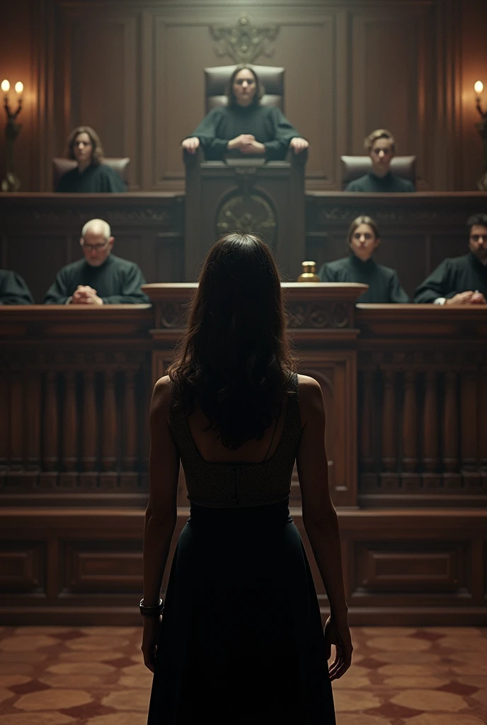 Make an image of a woman with her back turned in a courtroom defending herself before judges.