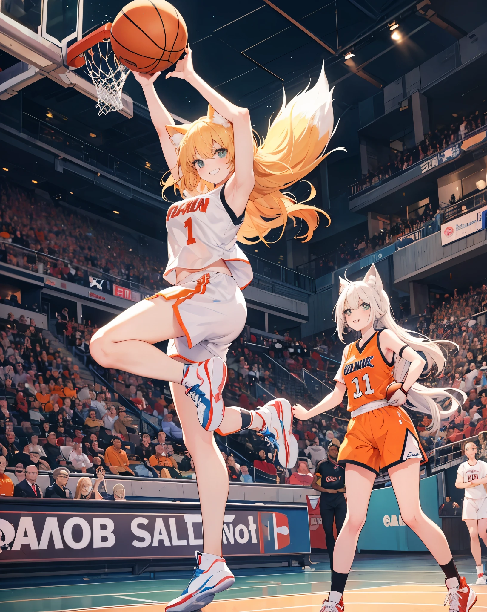 Crowd in background. Basketball arena. 1nekogirl, White cat ears,blonde fox tail, basketball clothes, oversize orange basketball t-shirt, white basketball shorts, bare shoulder. Long blonde hair, cool anime Green eyes. she is doing a slam dunk. She is smiling, cute grin. She hold the Basketball. He has a captain's armband on his arm. She is the player number 10. Shot from below.