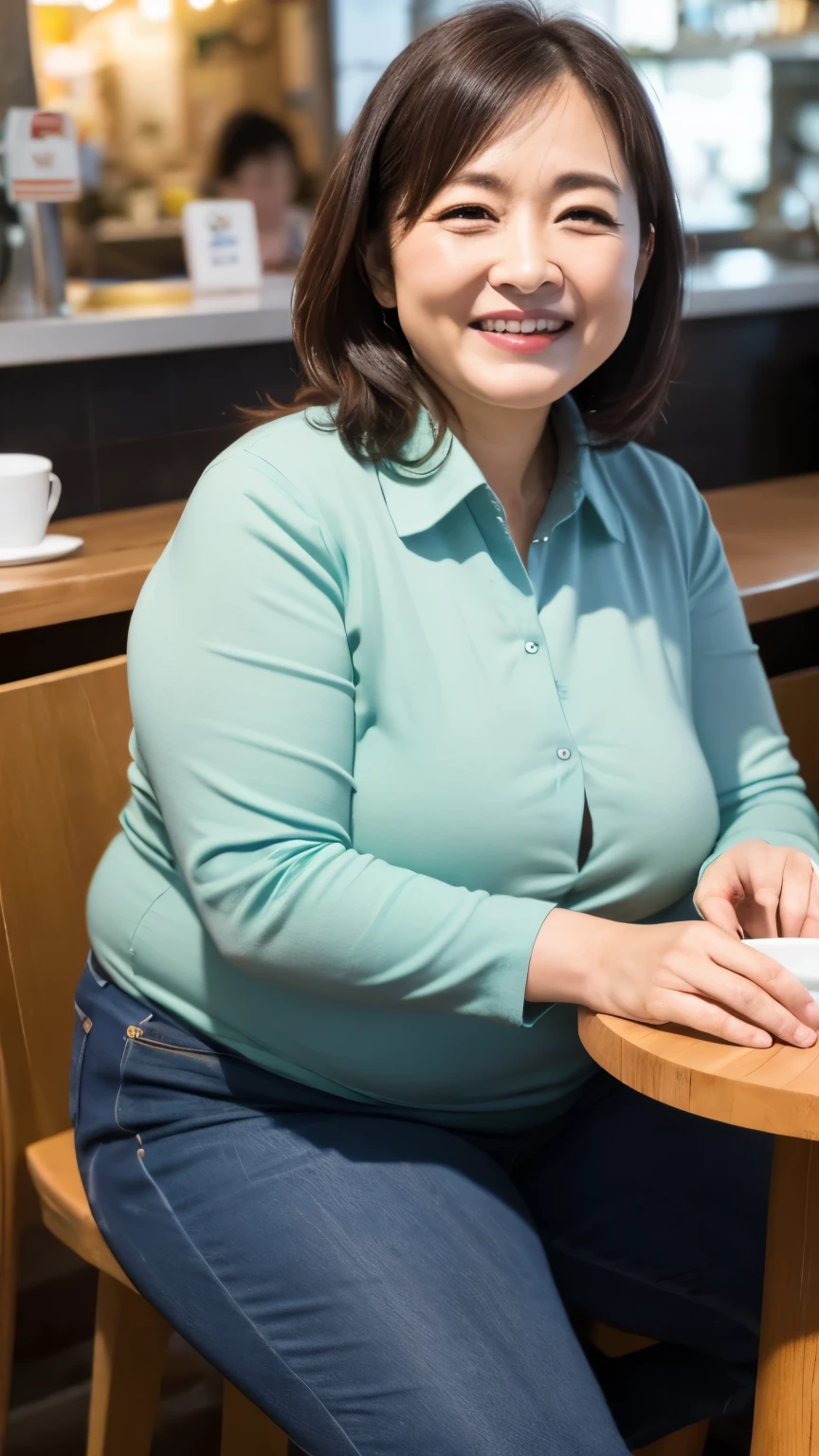 8k wallpaper, masterpiece, Highest quality, Very detailed, One Mature Woman, 50 years old, Become very clear, Wearing a spring-like shirt, Skin dents, Captivating smile, Looking at the audience, , Plump, Curvaceous, Attractive face, Smiling with teeth showing, I was happy, sitting in a cafe, Background Blur