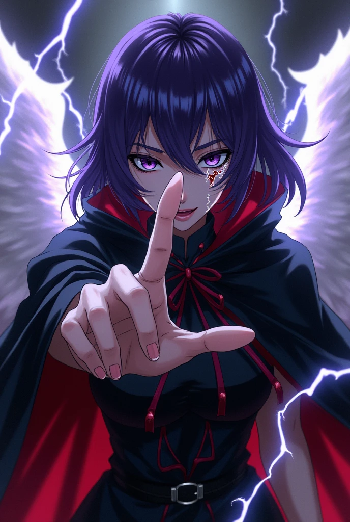 Create an anime character with purple hair, black eyes, a scar on the eye, a scar on the face with lightning coming out of it, angel wings made of energy, a super dark look, an evil face snapping his fingers, a black cape, black and red clothes, a man against demons


