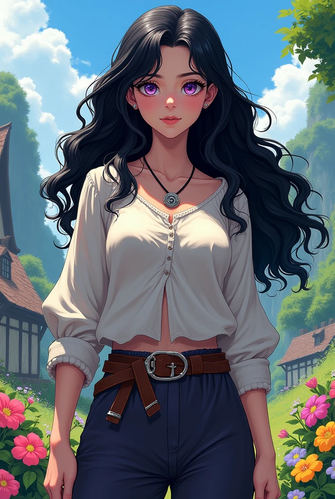 @Legion of I.a:Character from the vox machina series, DC style ,2d,with long curly black hair, purple eyes, shell necklace, medieval style pants and blouse , face with a courageous expression, pale skin, village landscape background with flowers clear 8k quality