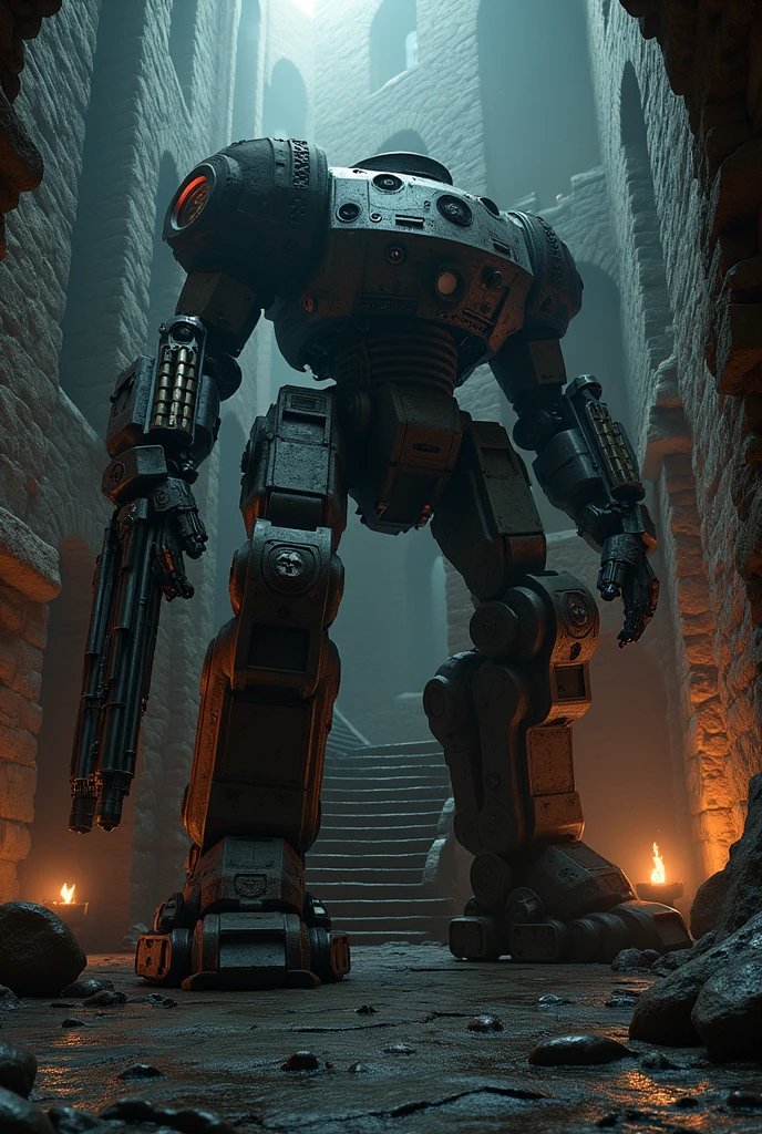 (work of art:1.2), (best qualityer:1.2), 8k, HDR, ultra detaild, ((photorrealistic)), professional light, cinematic lighting, fashion shooting, ambient lighting, fund, a dark medieval dungeon, darkness, epic photo, fire, staircase, A war robot, with weapons machimigun.