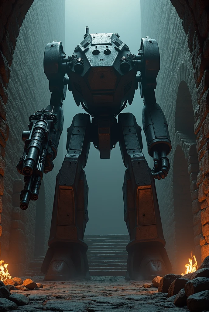 (work of art:1.2), (best qualityer:1.2), 8k, HDR, ultra detaild, ((photorrealistic)), professional light, cinematic lighting, fashion shooting, ambient lighting, fund, a dark medieval dungeon, darkness, epic photo, fire, staircase, A war robot, with weapons machimigun.