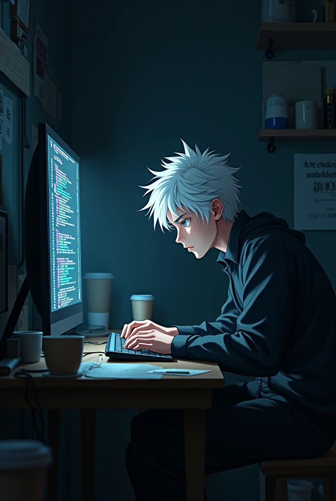 Young white-haired male character sitting in a dark room creating program lines on a computer, The room is dirty and has empty anime style coffee cups, It must be gloomy and dark 
