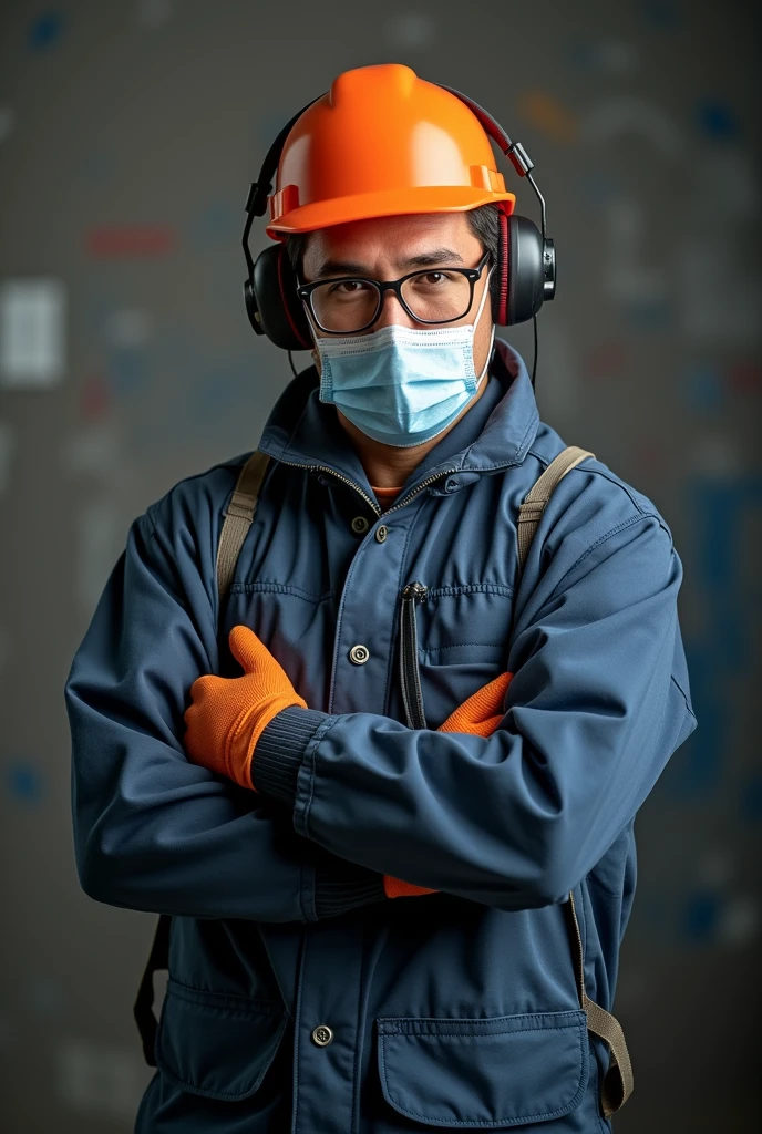 A mechanic with his safety measures with a helmet , earmuffs , your uniform , safety shoes , gloves , face mask and glasses