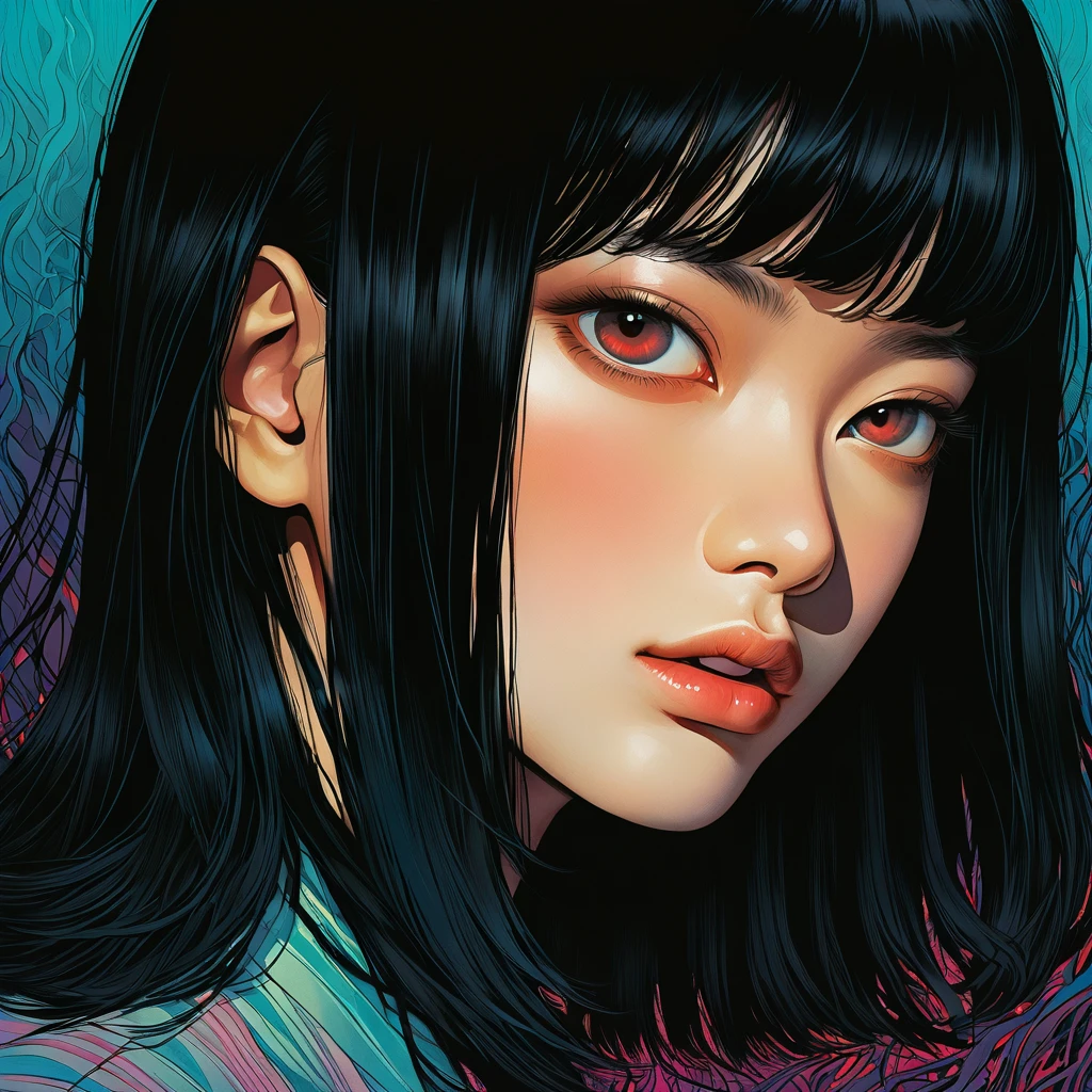 black hair male, An illustration、art、70s thai horror movie posters, Supervised by Junji Ito、High detail, Realistic Shadows、Analog Style, chromatic aberration, Surrealism、Complementary Gradient, nightmare