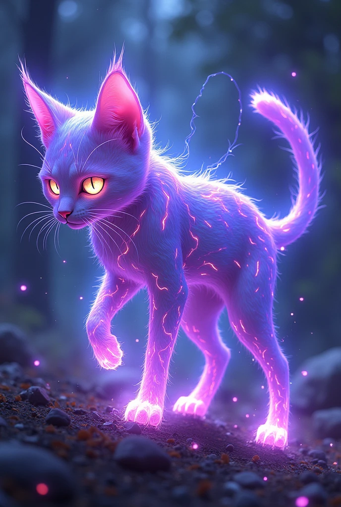 Cat made out of pure energy, bright purple and blue rays instead of fur, evil-like, slim and in anime style in a epic pose