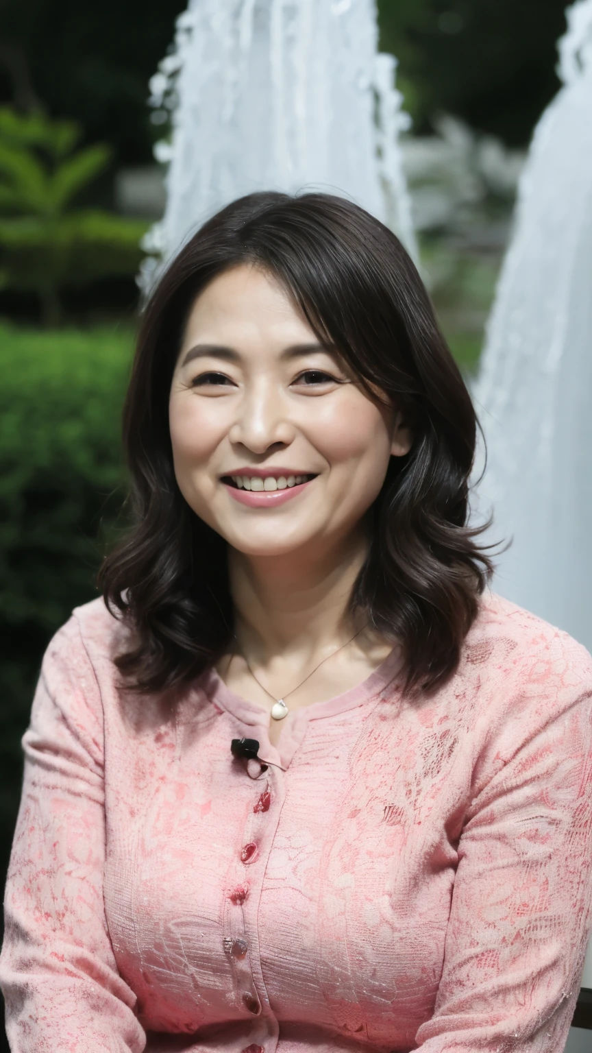 最high quality, In 8K, whole body, Real, Upper Body, high quality, High resolution, Detailed face, Detailed eyes, Thick lips, (Look at the viewers), alone, Middle-aged women, , 60 years old, , Wavy Hair, , Wearing short sleeves, Standing in front of a fountain, Wrinkles around the eyes, Smiling with teeth showing, Background Blur
