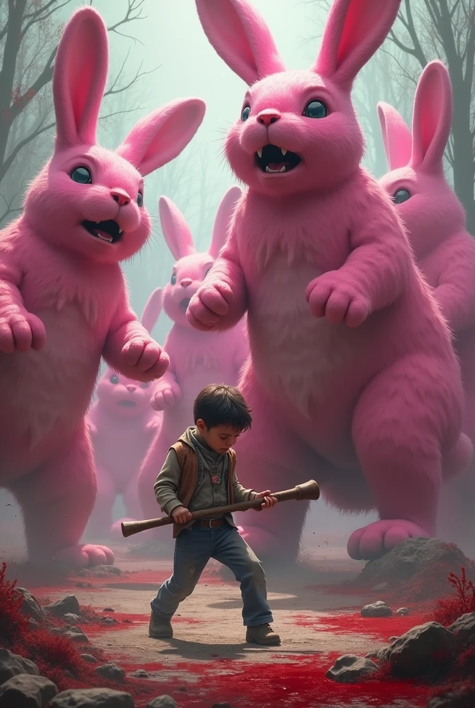 Boy fighting giant pink bunnies. Bloody