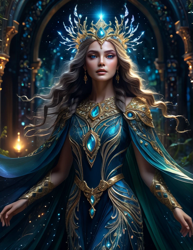 (((OXUM))) Deusa do Ouro, mystical female protagonist, intricate fantasy dress, glowing ethereal aura, detailed ornate headpiece, sweeping dramatic cape, enchanting eyes, porcelain skin, flowing hair, serene expression, dark moody lighting, cinematic dramatic atmosphere, vibrant jewel-toned colors, creative whimsical concept art, (best quality,4k,8k,highres,masterpiece:1.2),ultra-detailed,(realistic,photorealistic,photo-realistic:1.37)