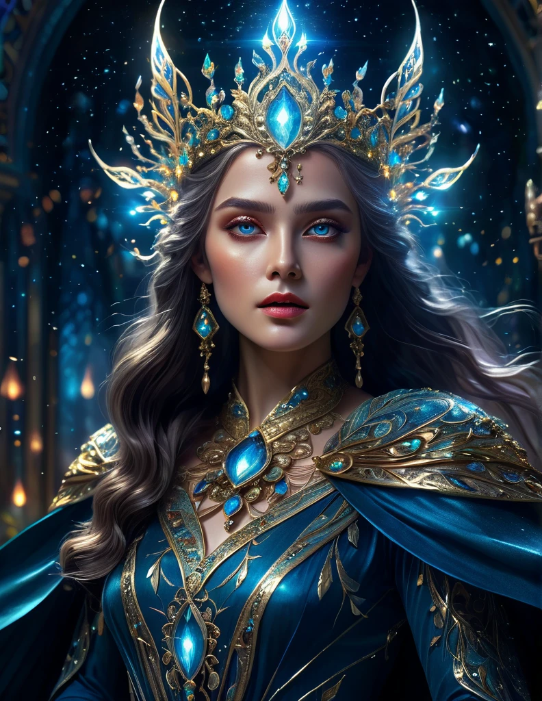 (((OXUM))) Deusa do Ouro, mystical female protagonist, intricate fantasy dress, glowing ethereal aura, detailed ornate headpiece, sweeping dramatic cape, enchanting eyes, porcelain skin, flowing hair, serene expression, dark moody lighting, cinematic dramatic atmosphere, vibrant jewel-toned colors, creative whimsical concept art, (best quality,4k,8k,highres,masterpiece:1.2),ultra-detailed,(realistic,photorealistic,photo-realistic:1.37)