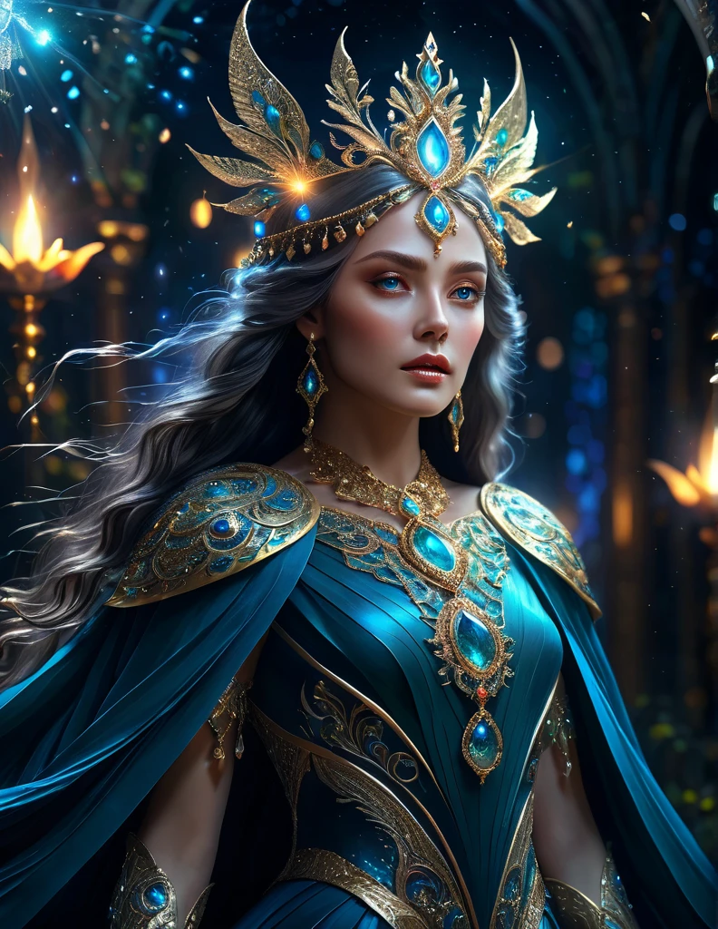 (((OXUM)))mystical female protagonist, intricate fantasy dress, glowing ethereal aura, detailed ornate headpiece, sweeping dramatic cape, enchanting eyes, porcelain skin, flowing hair, serene expression, dark moody lighting, cinematic dramatic atmosphere, vibrant jewel-toned colors, creative whimsical concept art, (best quality,4k,8k,highres,masterpiece:1.2),ultra-detailed,(realistic,photorealistic,photo-realistic:1.37)