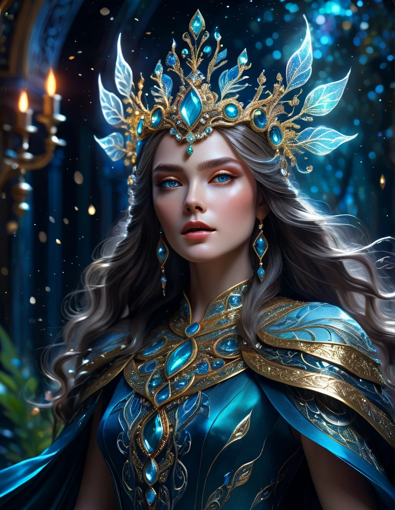 (((OXUM))) Deusa do Ouro, mystical female protagonist, intricate fantasy dress, glowing ethereal aura, detailed ornate headpiece, sweeping dramatic cape, enchanting eyes, porcelain skin, flowing hair, serene expression, dark moody lighting, cinematic dramatic atmosphere, vibrant jewel-toned colors, creative whimsical concept art, (best quality,4k,8k,highres,masterpiece:1.2),ultra-detailed,(realistic,photorealistic,photo-realistic:1.37)