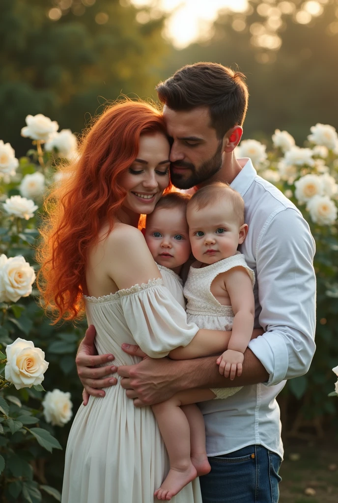 A red-haired woman hugging two babies in a garden surrounded by white roses and a black-haired man hugging them