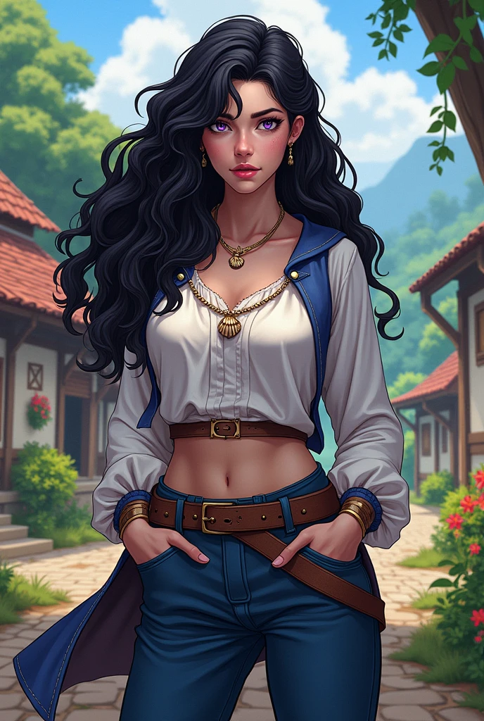 @Legion of I.a:Character from the vox machina series, dc comic style, with long curly black hair, purple eyes, shell necklace, medieval style pants and blouse , face with a courageous expression, pale skin, village landscape background with flowers clear 8k quality