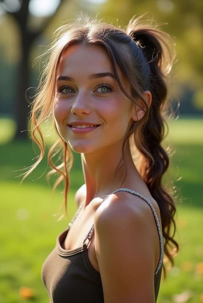 Nelya Jorden skinny with blue eyes and brown hair ponytils smiling at the central park in a sunny day