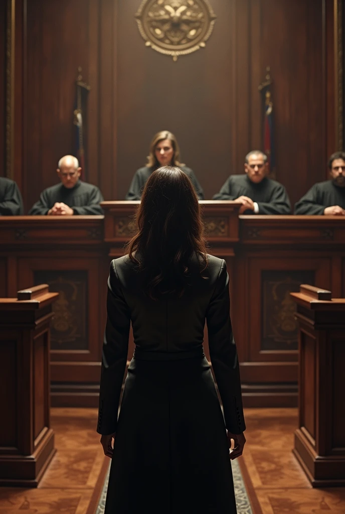 Make an image of a woman with her back turned in a courtroom defending herself before judges.
Use this Bible text for inspiration .
and they will be placed before governors and kings, because of me, to bear witness to them.
Marcos 13:09