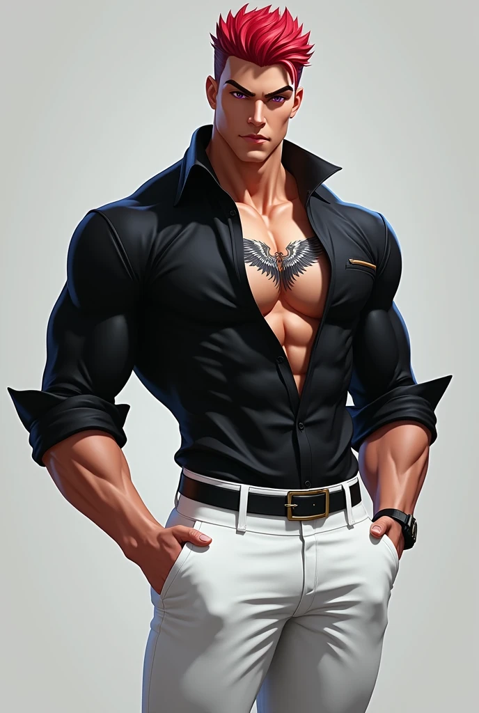 A man with muscular abs, tattoos, tan skin, and yellow eyes.