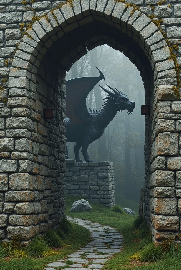 A grey, weathered medieval themed brick wall with moss and a dragon in the background