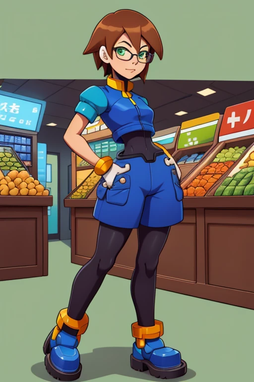 Aile_megamanzx, 1 girl, looking at viewer, Brown hair, green eyes , Market background , Glasses, Cashier Oxxo clothes , full body