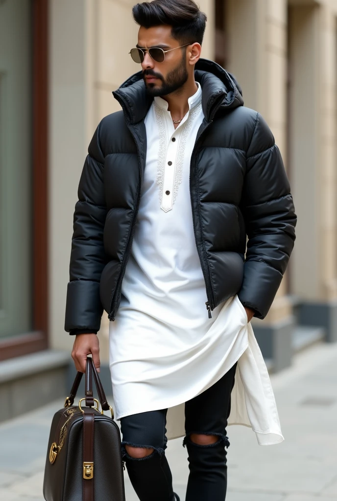 Man hindu dressed in white air force, nlack ripped jeans, black puffer jacket and gucci bag