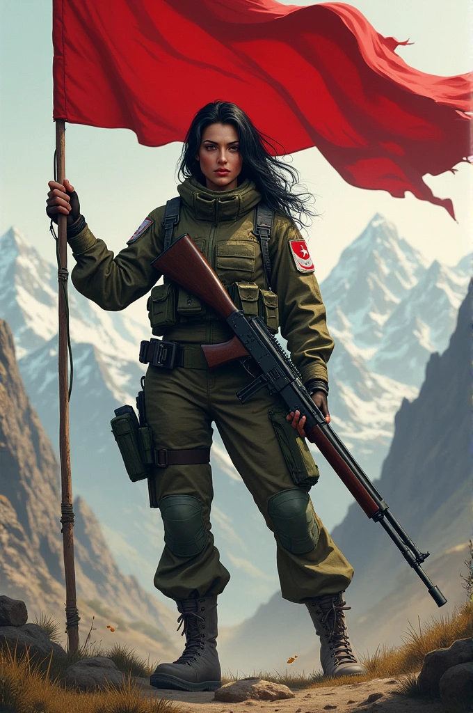 Create an illustration image of a female guerrilla with a red flag and a rifle