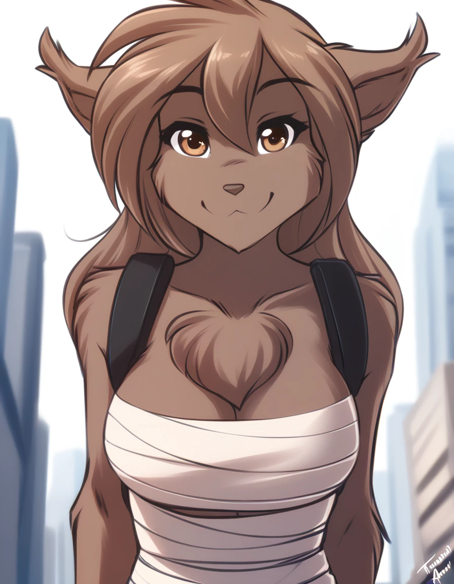 solo, tknanie, keidran, mammal, pantherine, natani_(twokinds), natani twokinds, twokinds, personalami, rating:safe, white background, white_background, brown fur, brown hair, brown eyes, female, big breasts, chest_wraps, wraps shirt pants hoodie mask face backpack giantess tf 600 walk. Trace human male first person view love look face City