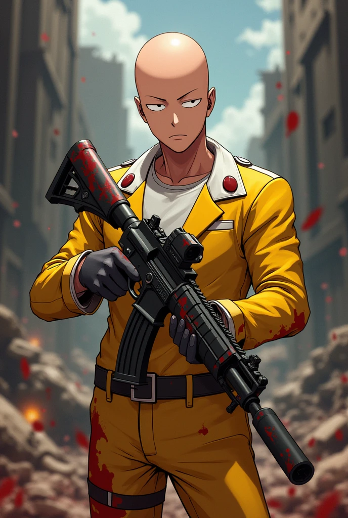 Saitama with the yellow suit full of blood 🩸 with an mp40 cobra the evolutionary weapon of free fire