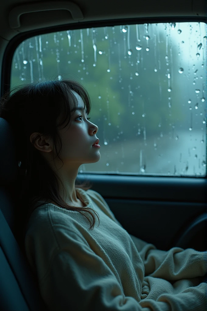 A girl lying in the car with rain falling