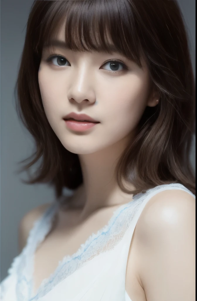 Dressed, (photoRealistic: 1.4), (hyperRealistic: 1.4), (Realistic: 1.3), (Smooth lighting: 1.05), (cinematic lighting Quality improvement: 0.9), 32K, 1 girl, Japanese women, Realistic lighting, Backlight, Face Light, Ray Tracking, (Bright light: 1.2), (Quality improvement: 1.4), ( Top quality Realistic textured skin: 1.4), Fine grain, Detailed face, Quality Eyes, Brown eyes, (tired, Sleepy and satisfied: 0.0), White silk blouse with blue flowers, frills and lace, Thin string ribbon ties, Dark brown hair, Short, cut bangs that fall over the forehead, Adult woman with a faint smile, (White Background)
