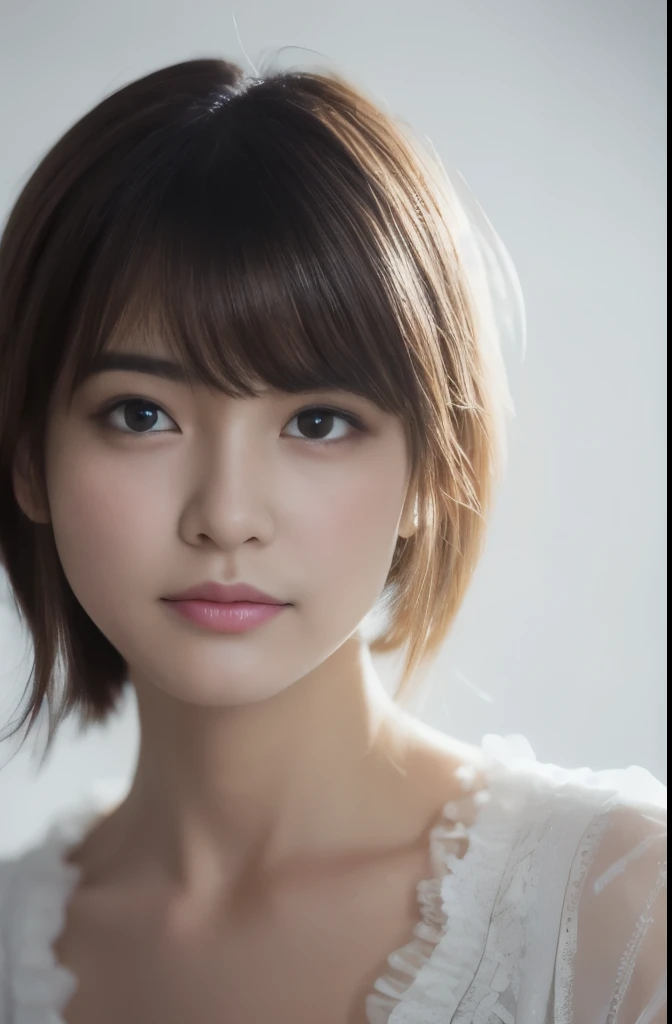 Dressed, (photoRealistic: 1.4), (hyperRealistic: 1.4), (Realistic: 1.3), (Smooth lighting: 1.05), (cinematic lighting Quality improvement: 0.9), 32K, 1 girl, Japanese women, Realistic lighting, Backlight, Face Light, Ray Tracking, (Bright light: 1.2), (Quality improvement: 1.4), ( Top quality Realistic textured skin: 1.4), Fine grain, Detailed face, Quality Eyes, Brown eyes, (tired, Sleepy and satisfied: 0.0), White silk blouse with blue flowers, frills and lace, Thin string ribbon ties, Dark brown hair, Short, cut bangs that fall over the forehead, Adult woman with a faint smile, (White Background)