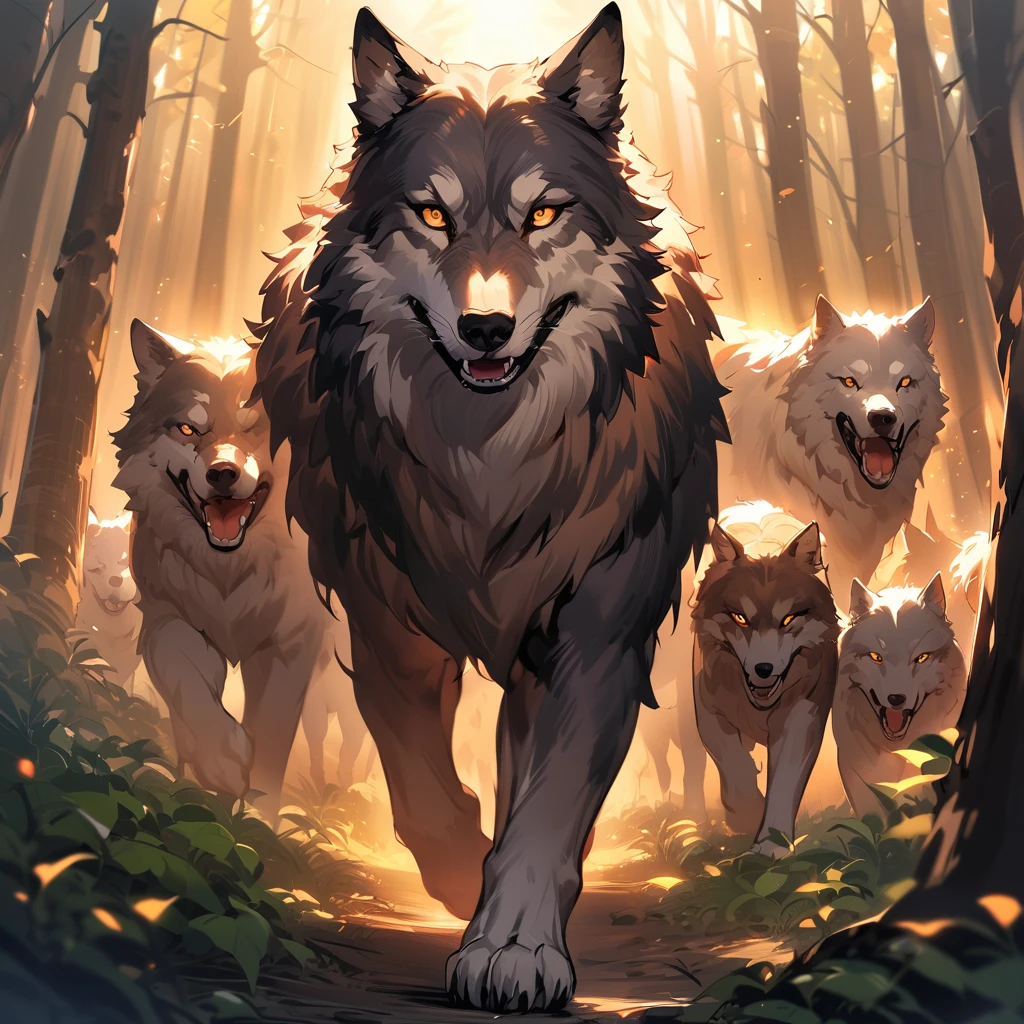 a group of large wolves in a dark forest in the middle of the pack stands a large black female wolf with orange eyes staring at viewer, growling and chasing a group of travelers