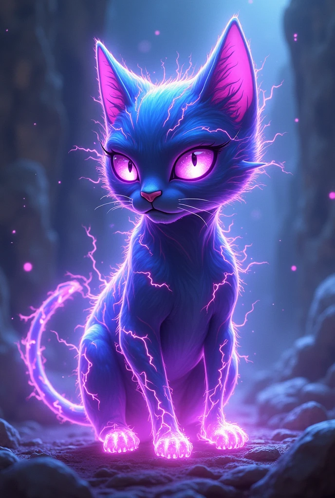 Cat made out of pure energy, bright purple and blue rays instead of fur, evil-like, slim and in cartoon style in a epic pose