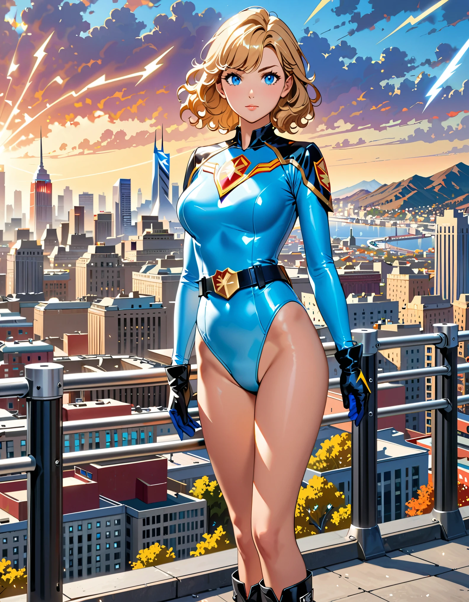 masterpiece, best quality, hires, 1girl, medium breasts, ((leotard, light blue leotard)), long sleeves, ((lighting bolt \(emblem\) on chest)), (bare legs), ((fastened tight belt)), black boots, matching boots, blue gloves, city backdrop, solo, single, standing, full body shot, cowboy shot, superhero, beautiful detailed eyes, beautiful detailed face, blonde hair, (short hair), wavy hair, high school backdrop, outdoors, mature lady, teacher, perfect body