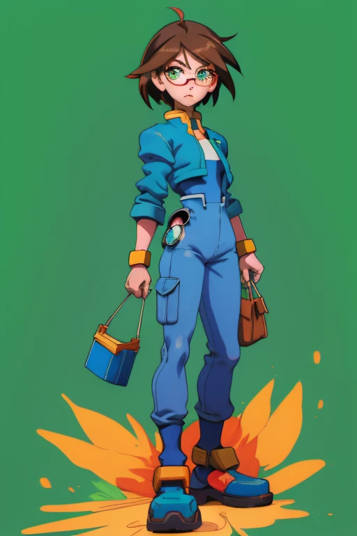 Aile_megamanzx, 1 girl, looking at viewer, Brown hair, green eyes , Market background , Glasses, Cashier Oxxo clothes , full body