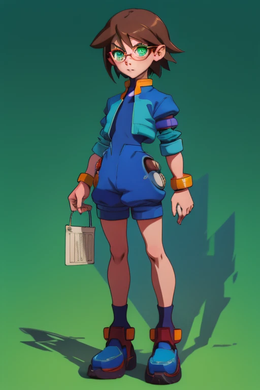 Aile_megamanzx, 1 girl, looking at viewer, Brown hair, green eyes , Market background , Glasses, Cashier Oxxo clothes , full body 