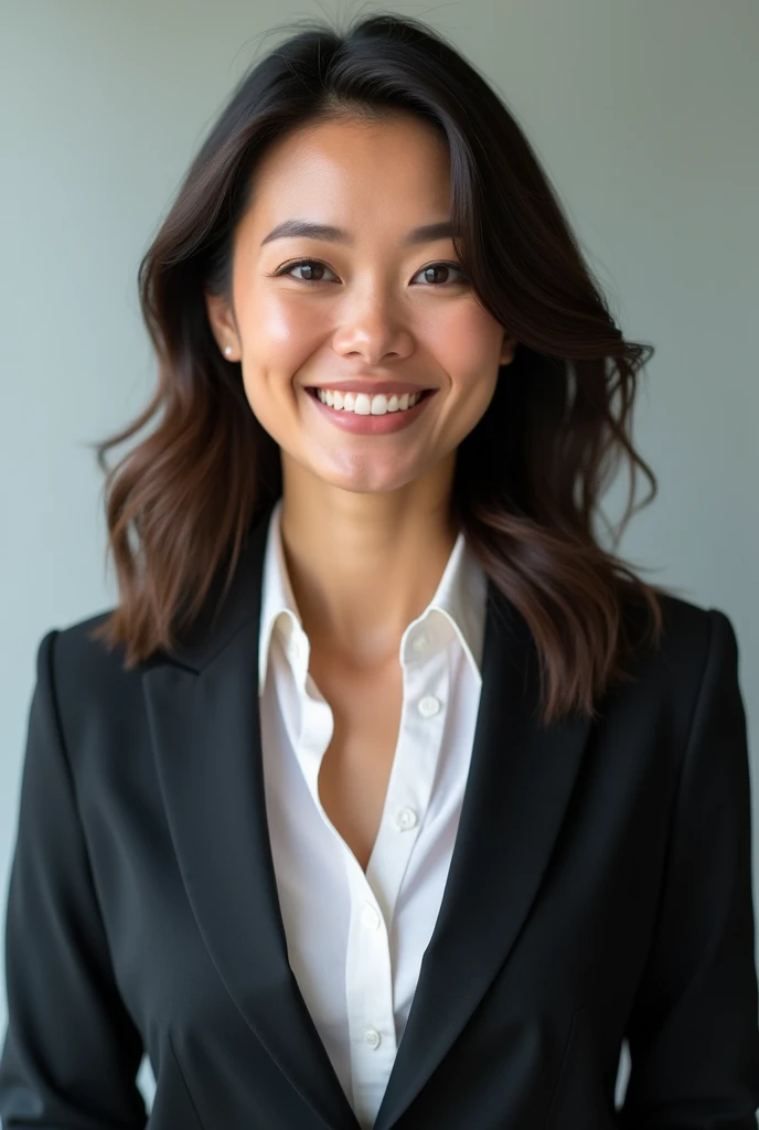 Create a less realistic avatar and instead create a professional avatar of a lawyer, 40 years old, white with slightly wavy brown hair and dark eyes, lightly made up, Grinning
