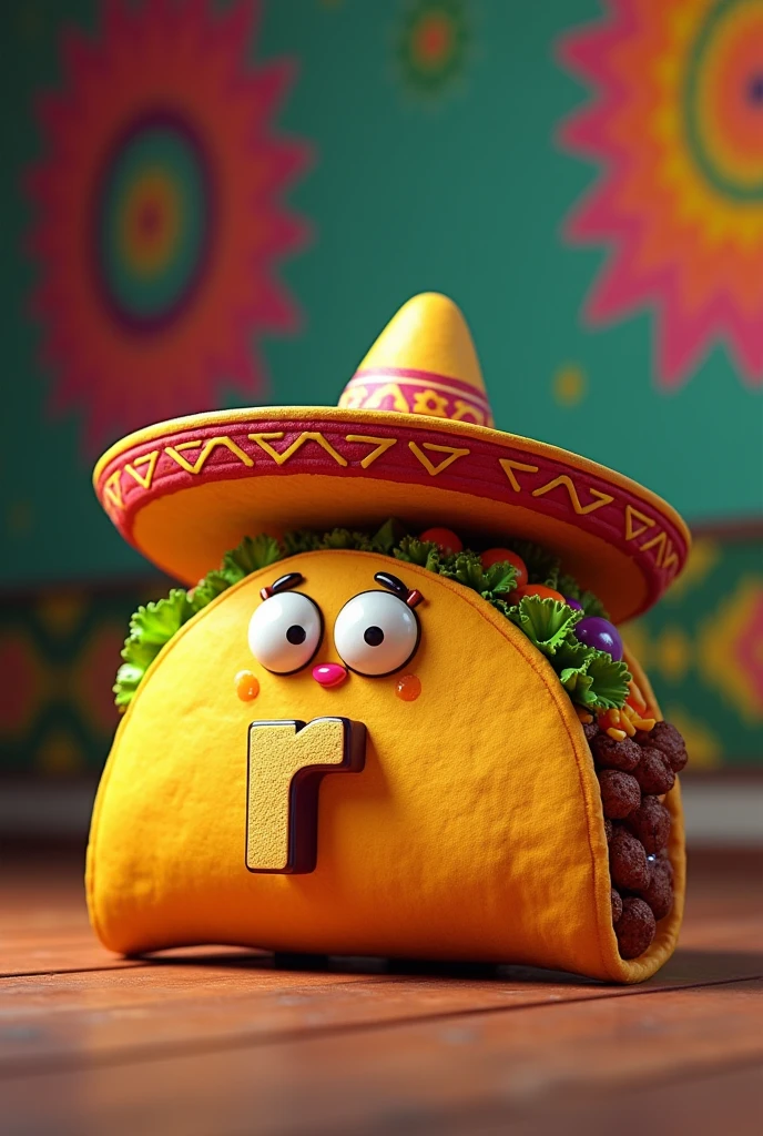 A Mexican taco that has a sombrero and a letter r