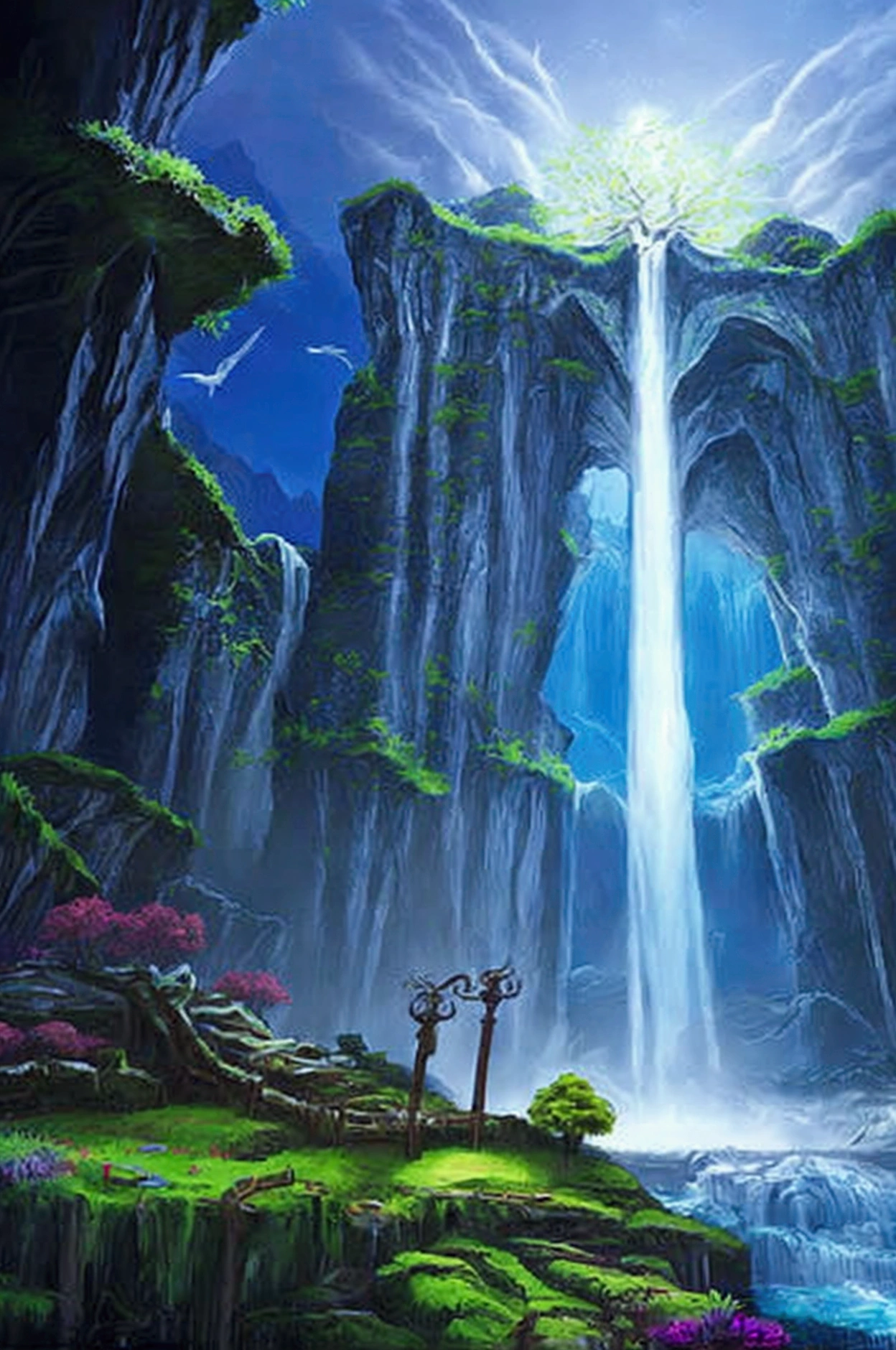 Yggdrasil,ancient city,nine portals ,waterfall 