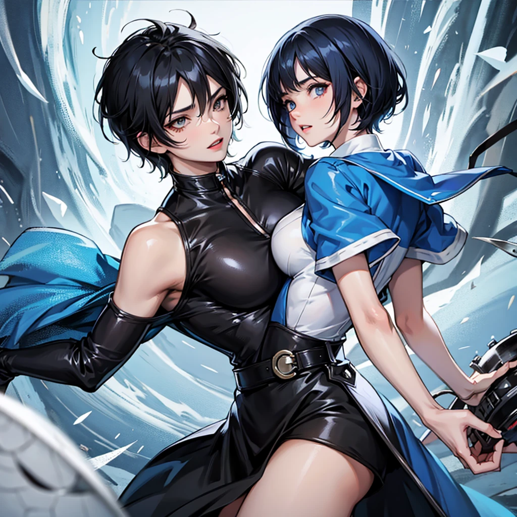 Anime blue and black hair,short hair and white eyes 