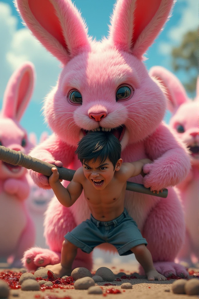 Boy attacking giant pink bunnies. Boy is beating them bloody.
