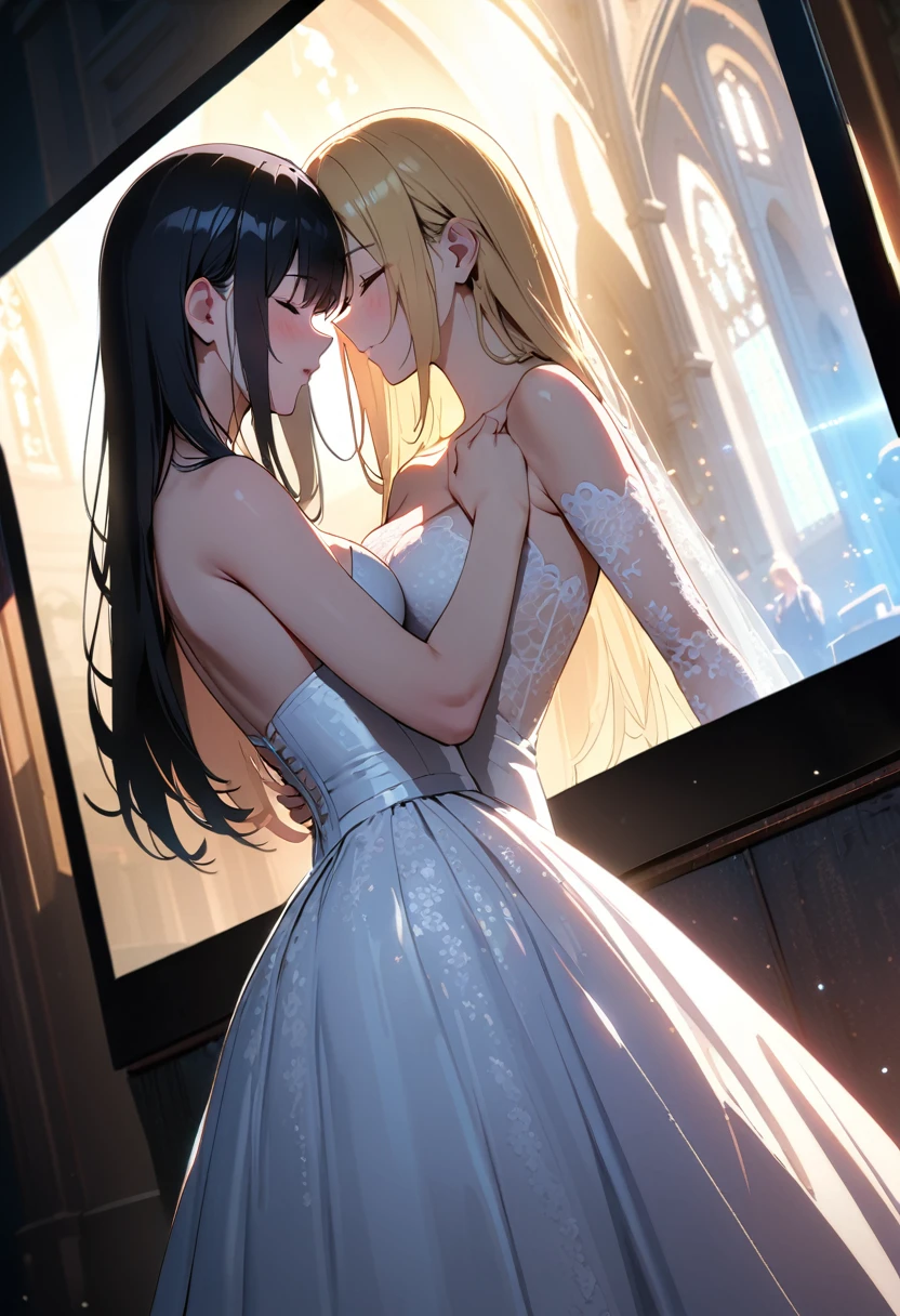 8k,Wide-angle lens,Attention to detail,screen,Cinematic Light,Shadows in the movie,(masterpiece,Highest quality:1.2),Two women are kissing,One has black hair and the other has blonde hair..,close your eyes,Wearing only a lace wedding dress,Church Background,Sexy feeling,(Sacred feelings:0.9),Depth of written boundary,Luminous particle effect,Background light
