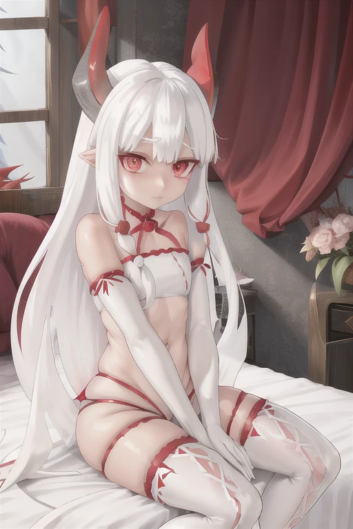 Long white hair, 2 horns on head, red eyes, pointy tail, sitting on bed, blushing, hands in legs