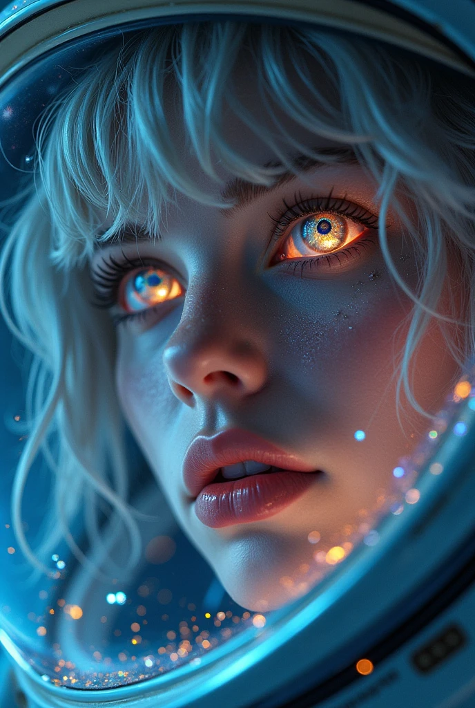 (Close-up of a better masterpiece:1.5)0.9], (Space and astronauts:1.2) (Messy silver hair:1.1) (Heterochromia xanthochromia and blue eyes:1.2) (Space Helmet:1.0) (Colored stars in the eyes:1.0) (A radiant glow:1.1) (thick lips:0.9)