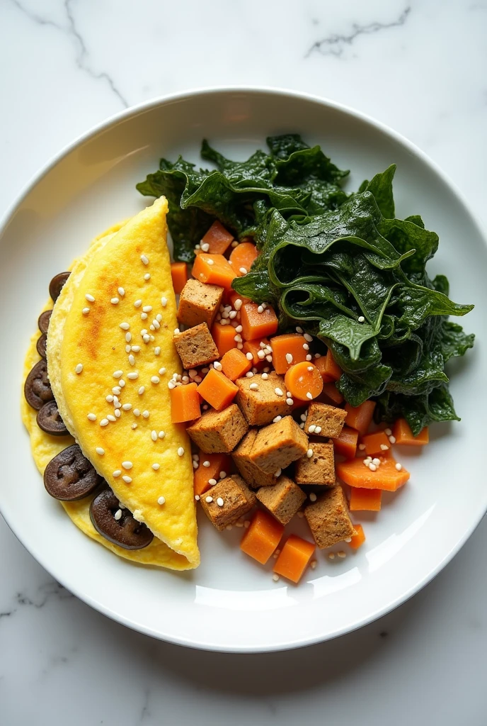 Realistic seaweed plate, with scrambled tofu with carrot and omelette with sea mushrooms, make it look delicious with the photo of the dish from above 