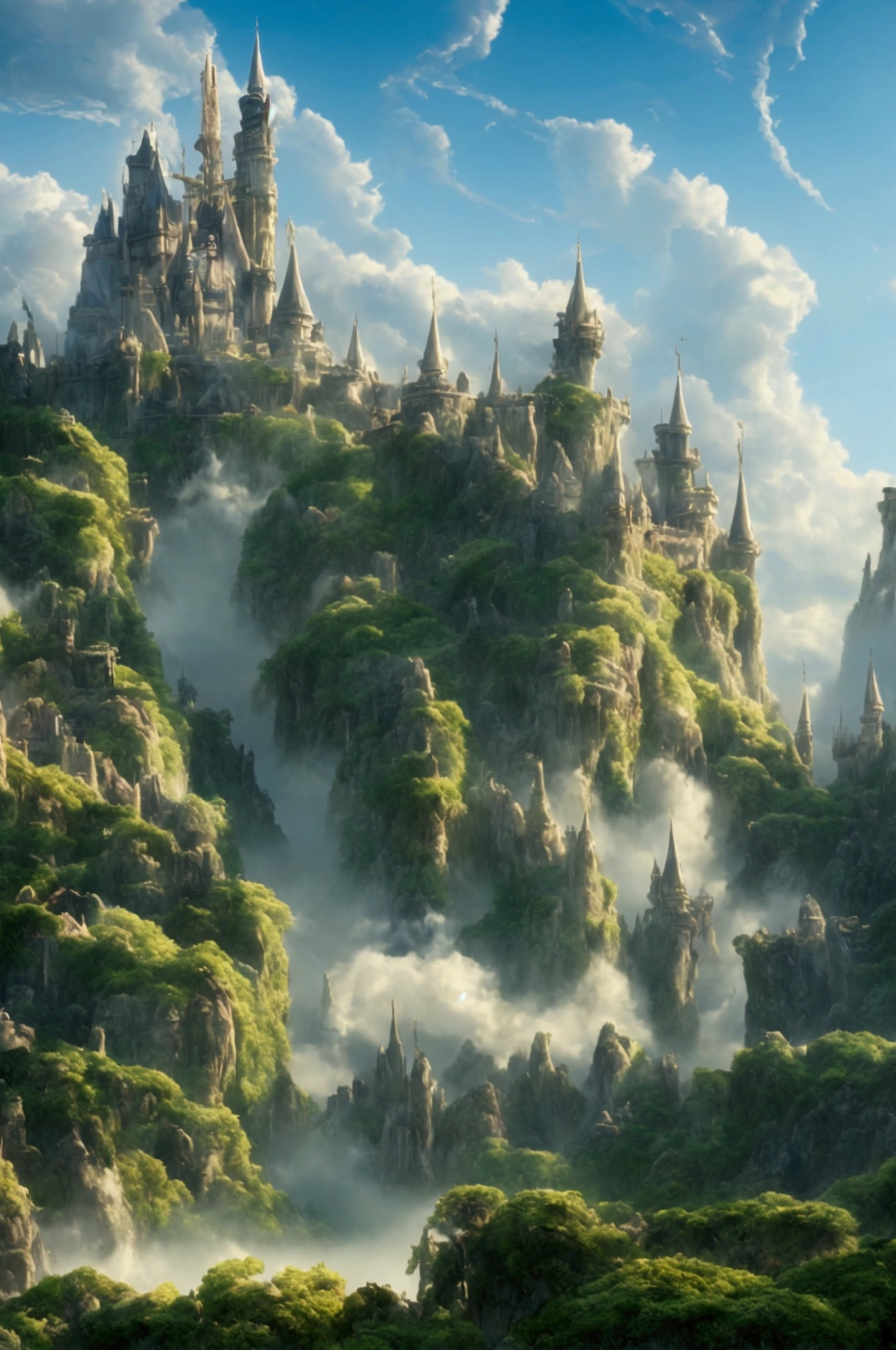 Epic CG Matte Painting, wide view, pale green clouds, disney castle, garden full of flowers in the clouds, a few drops of water falling from the clouds, a sea of pale green roses, high definition images, unreal engine, Tendencia ArtStation 4k HD